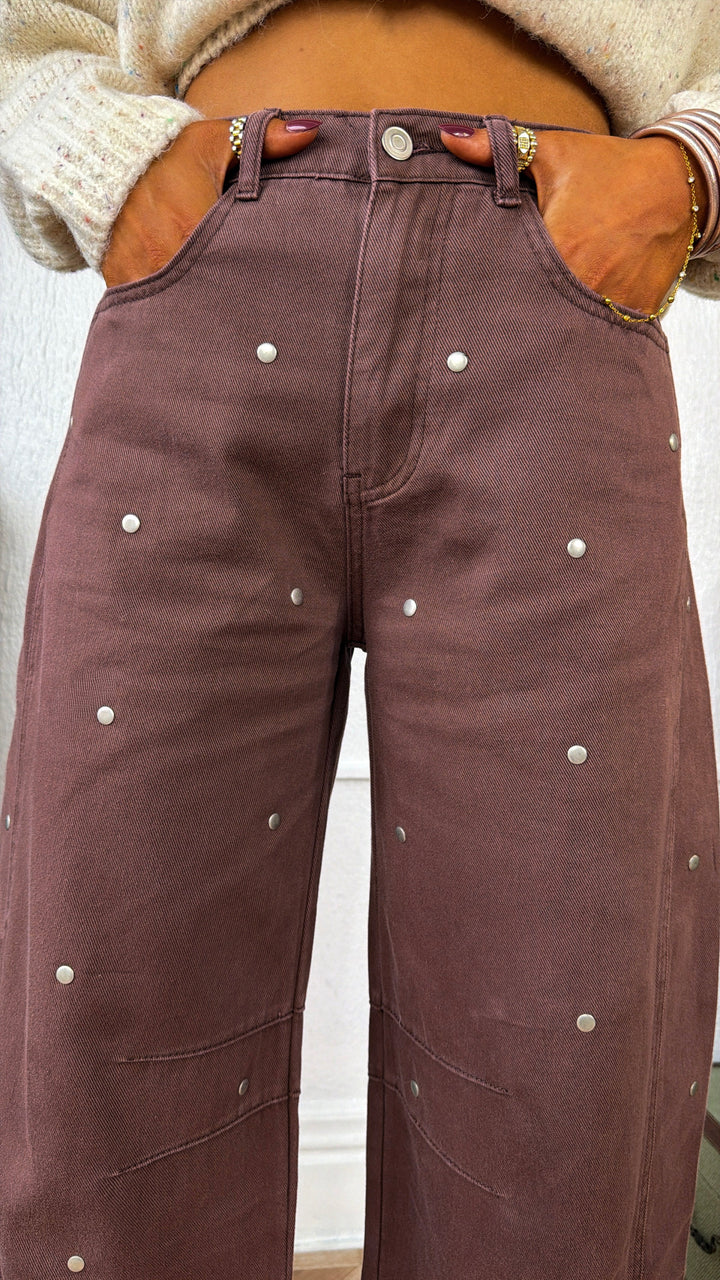 Studded Detail Barrel Pants, Brown