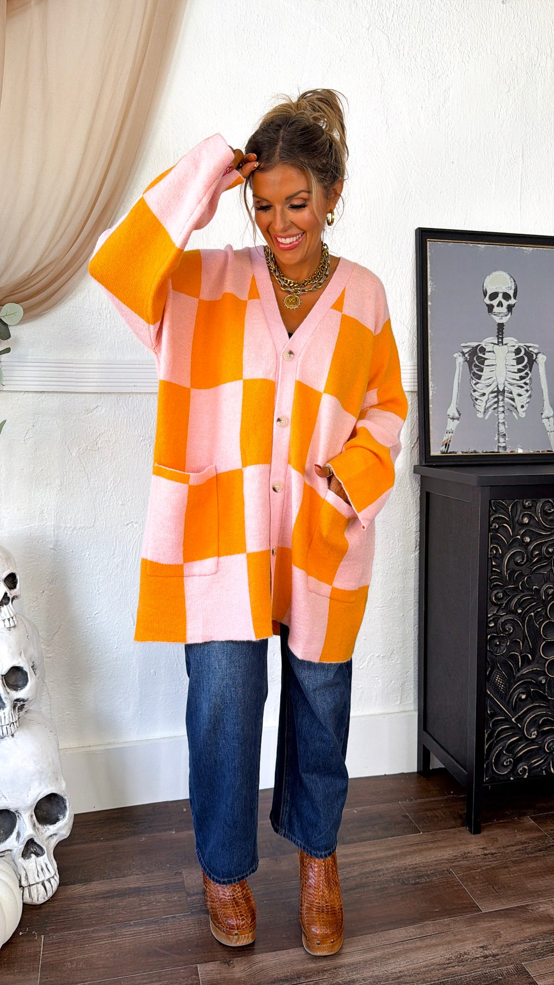 Square Checkered Long Cardigan, Pink/Orange