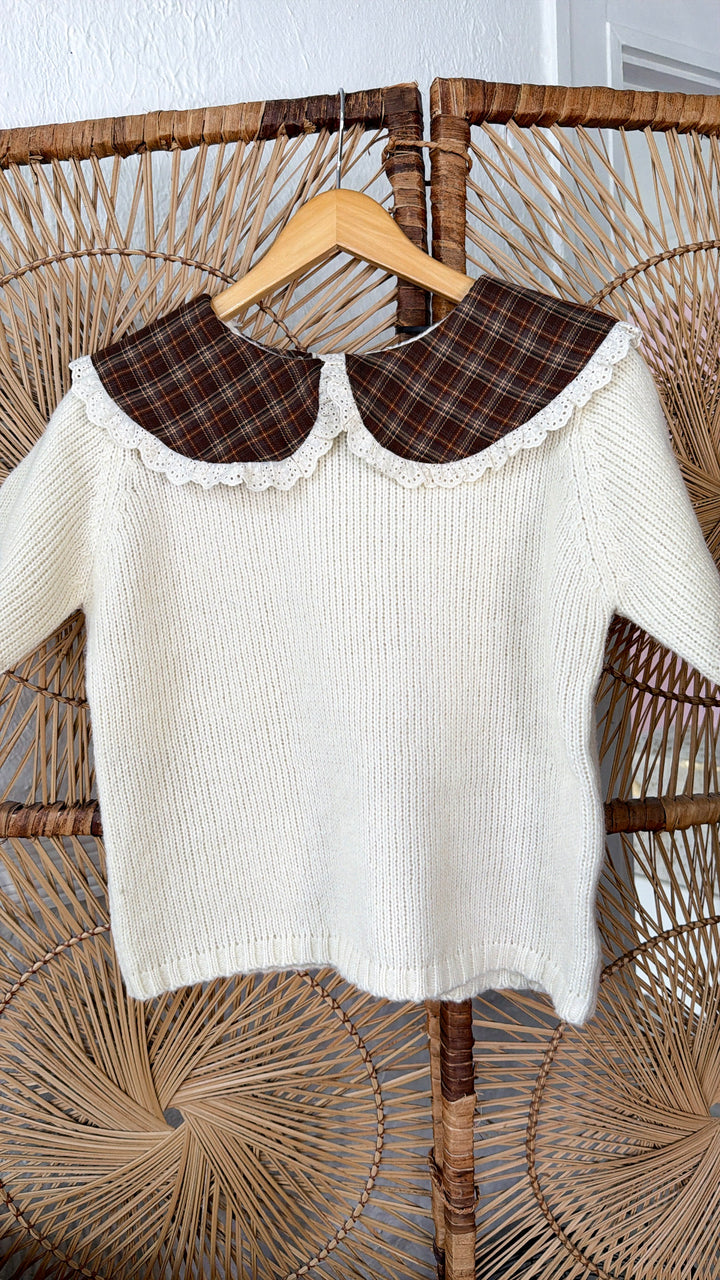 Twila Plaid Collar Top, Cream/ Choco/ Plaid