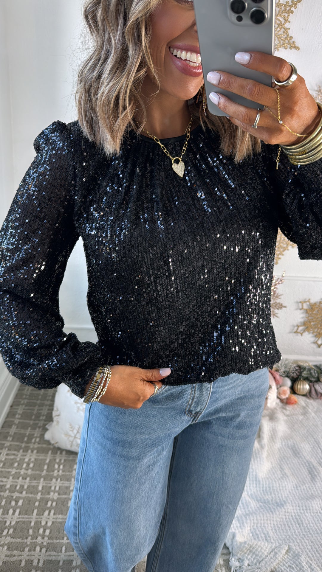 Go Girl Balloon Sleeve Sequin Top, Black