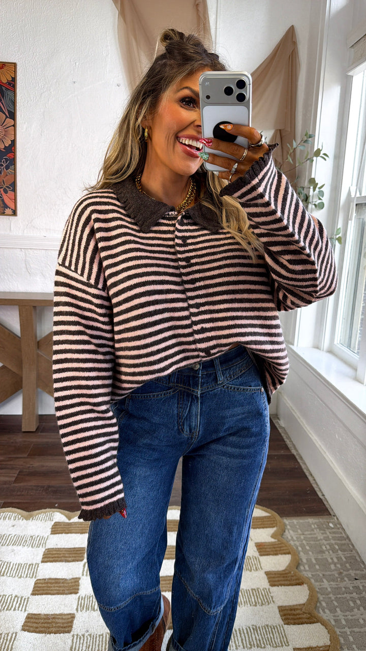 Stripe Button Up Cardigan, Chocolate/D.Pink