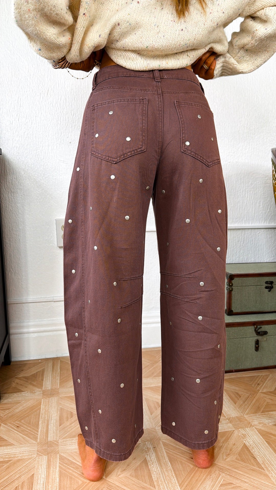 Studded Detail Barrel Pants, Brown