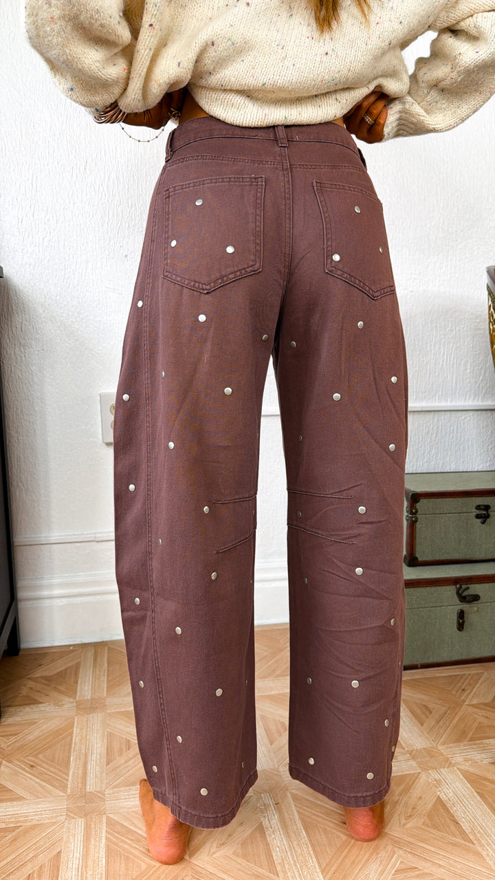Studded Detail Barrel Pants, Brown