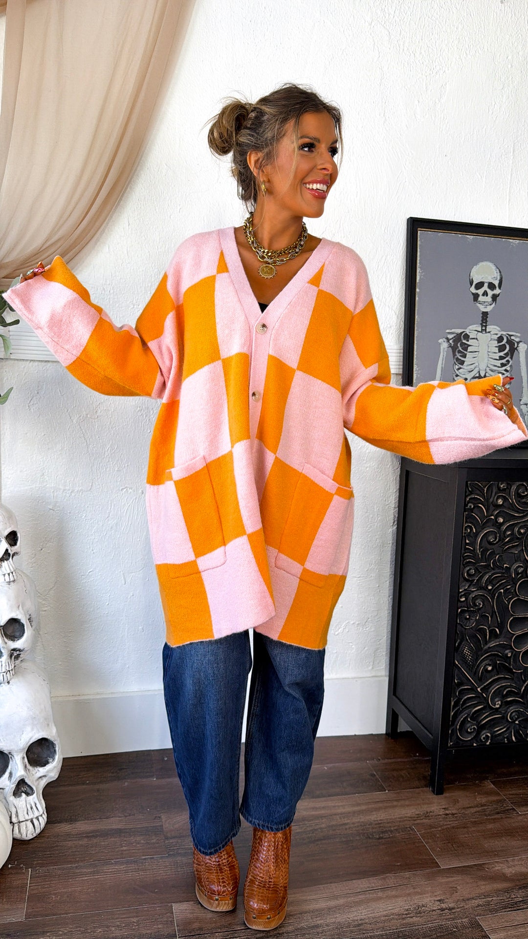 Square Checkered Long Cardigan, Pink/Orange