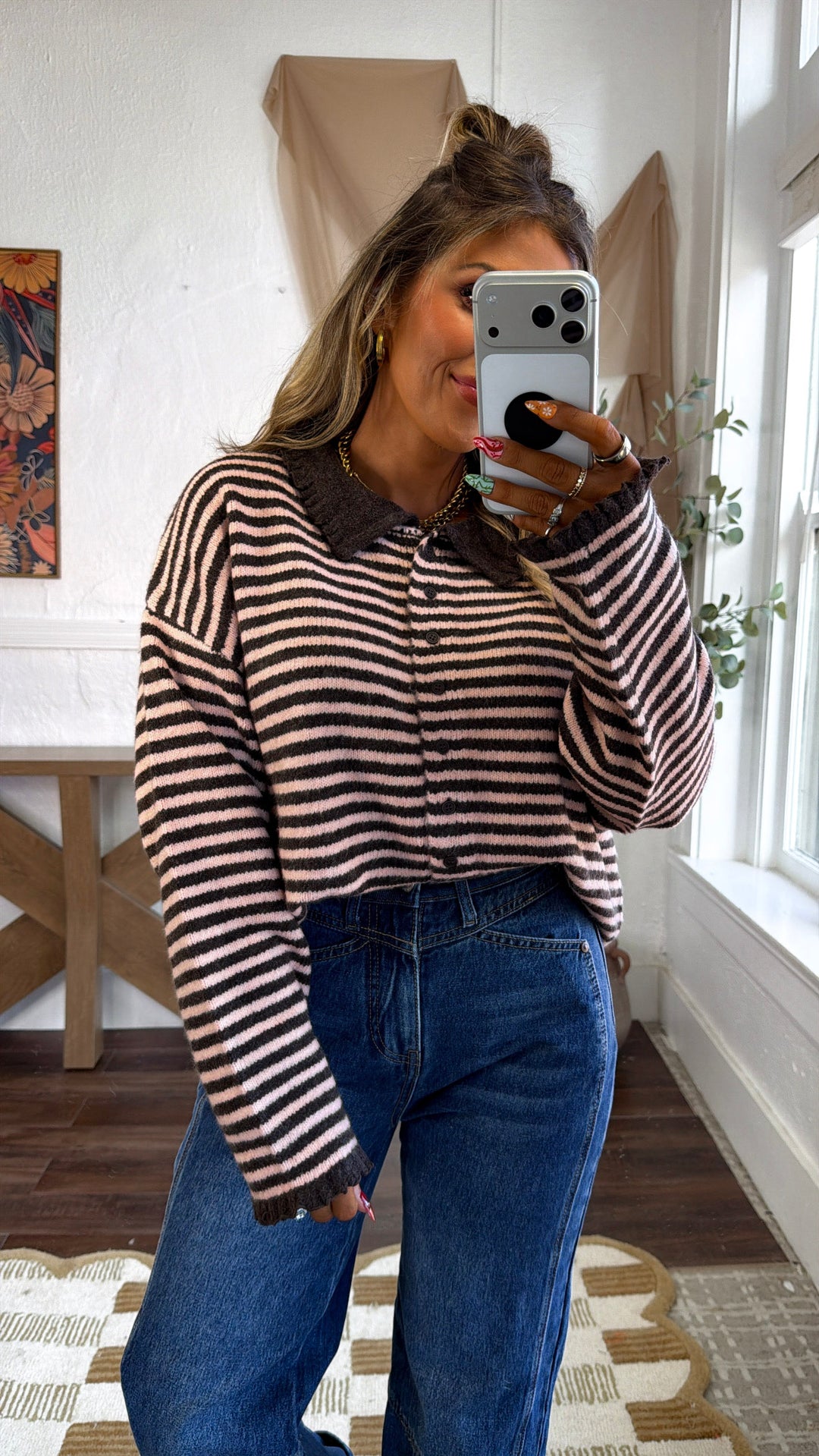Stripe Button Up Cardigan, Chocolate/D.Pink