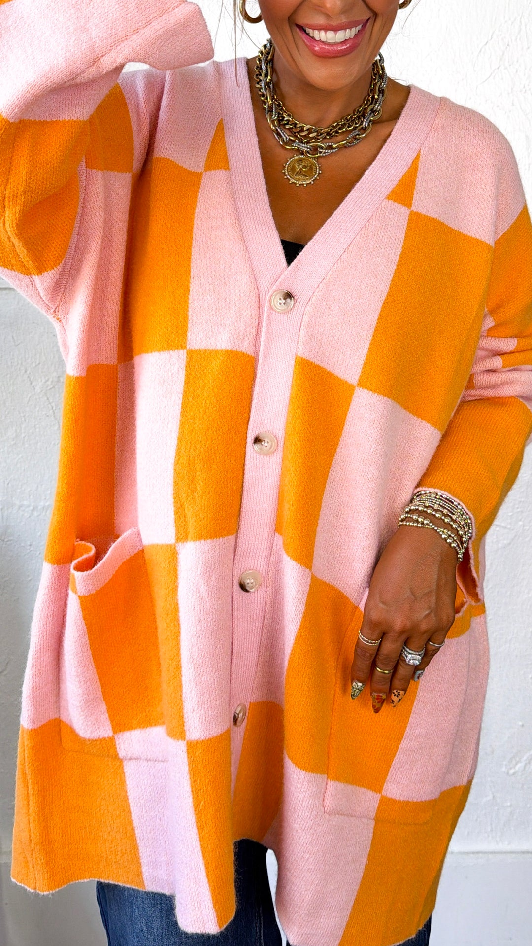 Square Checkered Long Cardigan, Pink/Orange
