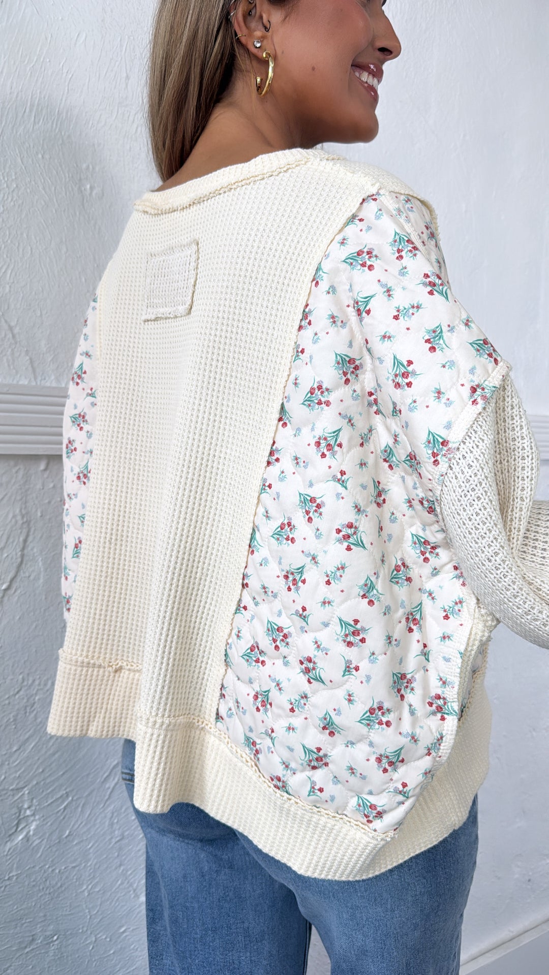 DOORBUSTER: POL Floral Sleeve Sweater, Cream