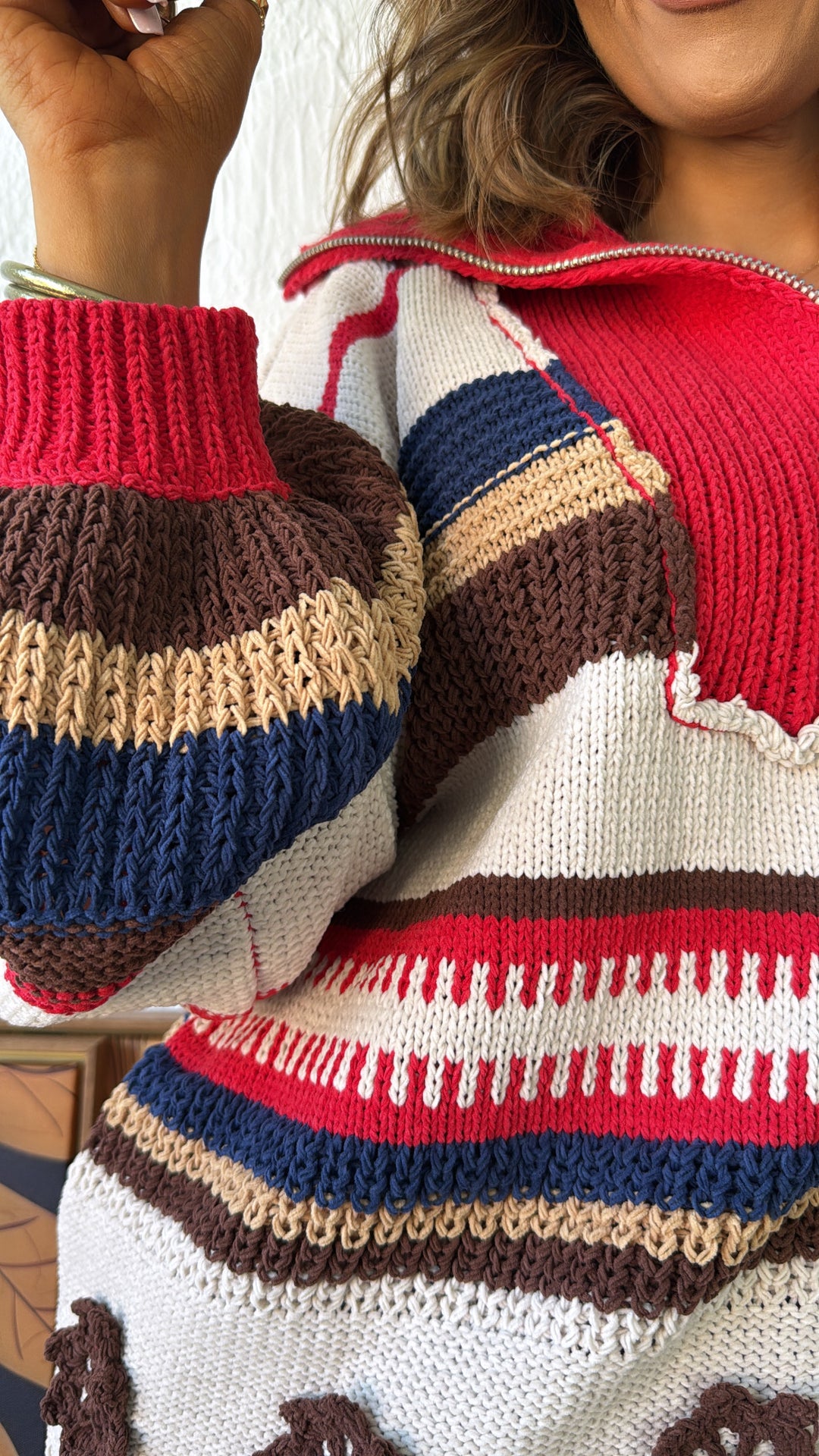 The Cabin Half Zip, Sand/Red Multi