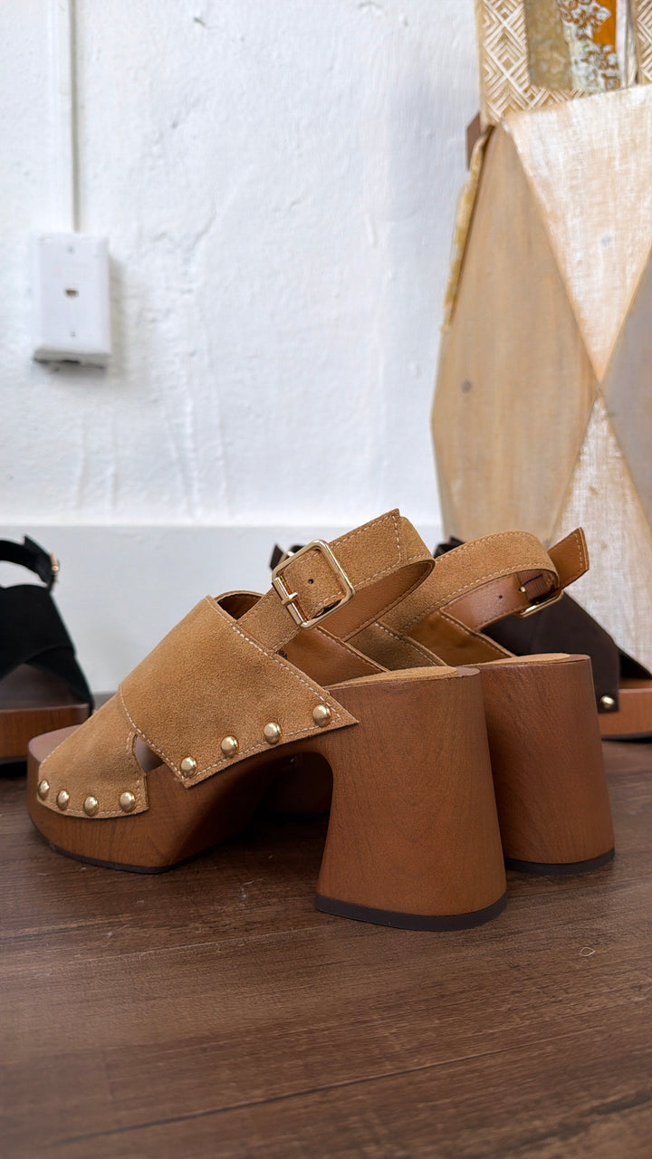 Suede Studded Heel, Cognac