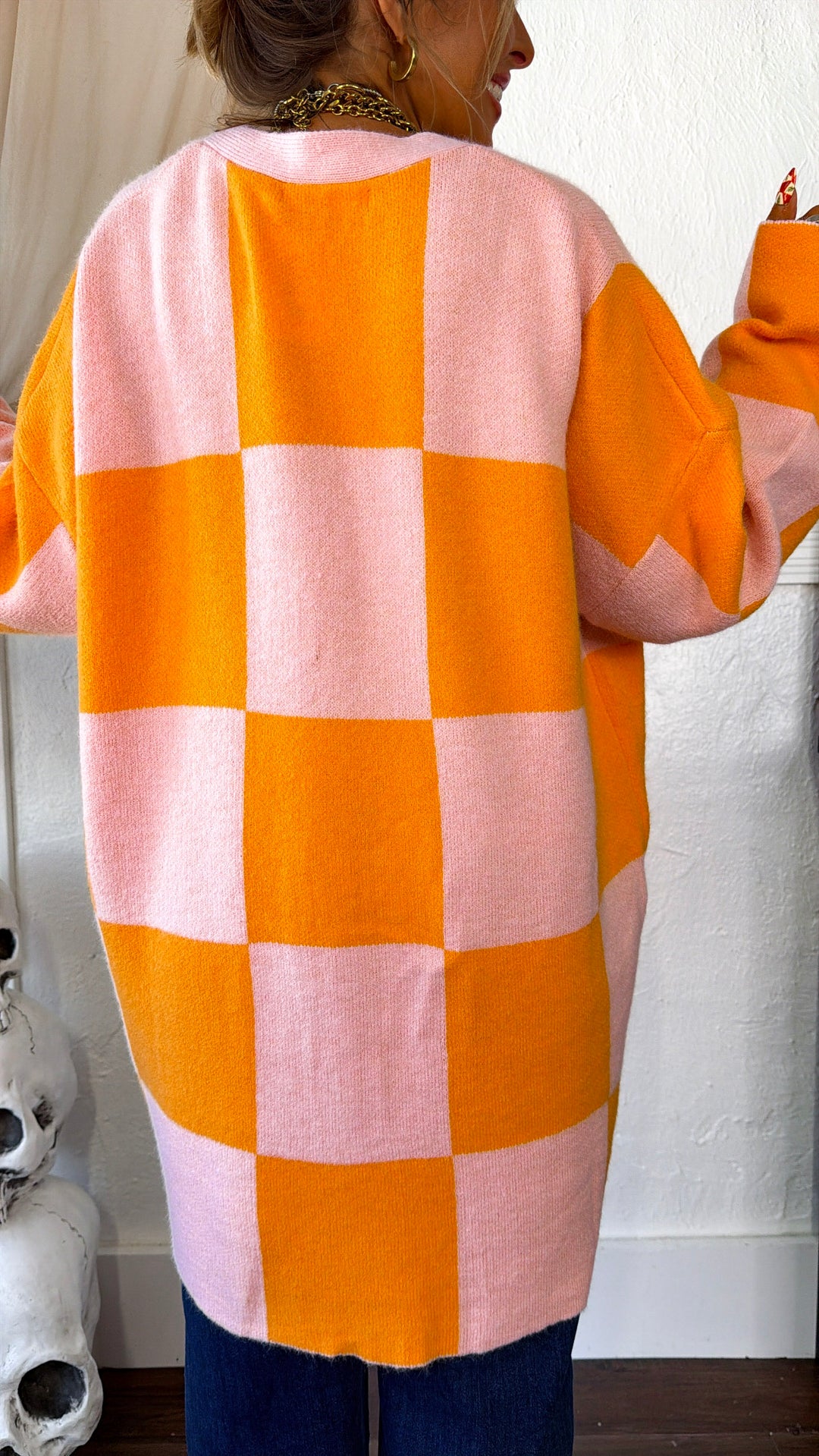 Square Checkered Long Cardigan, Pink/Orange