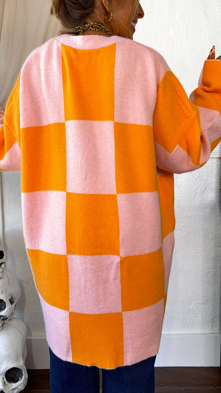 Square Checkered Long Cardigan, Pink/Orange