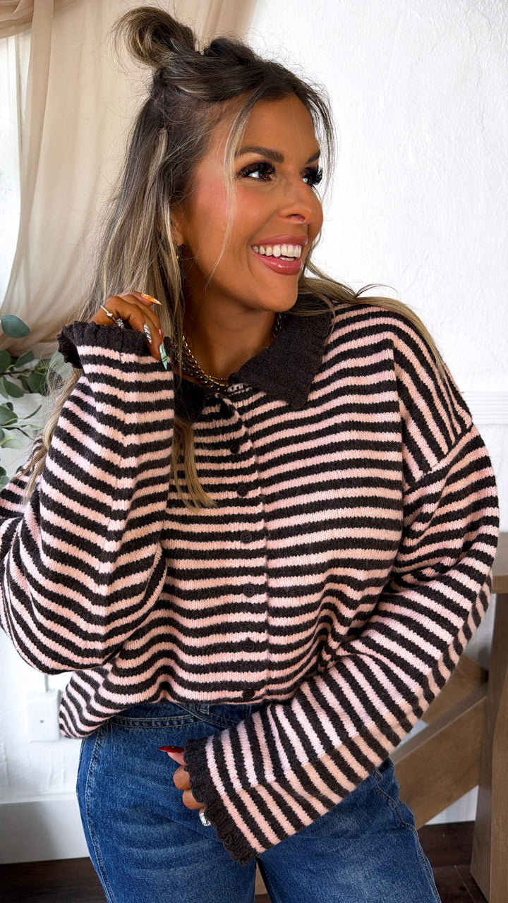 Stripe Button Up Cardigan, Chocolate/D.Pink