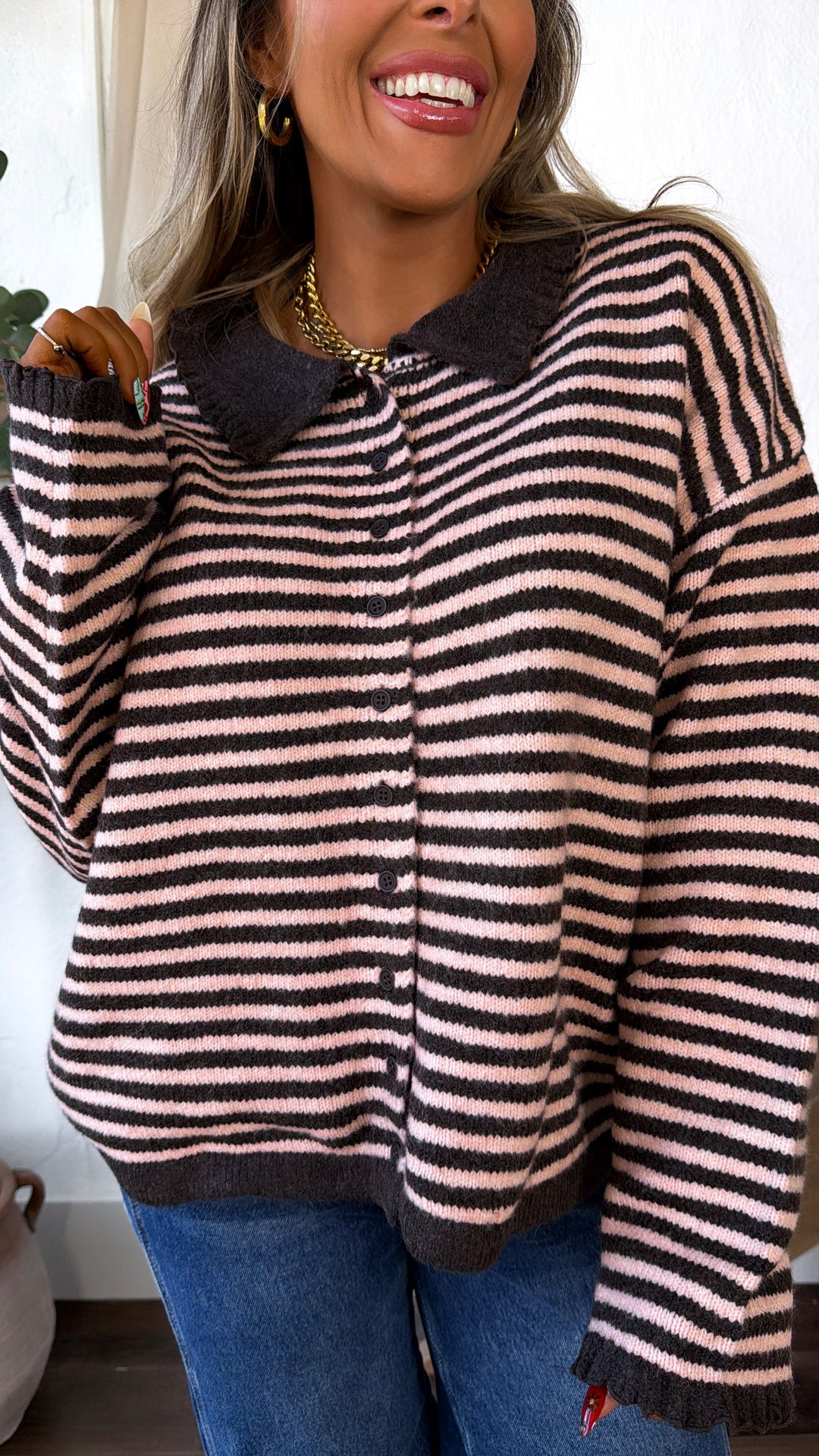 Stripe Button Up Cardigan, Chocolate/D.Pink