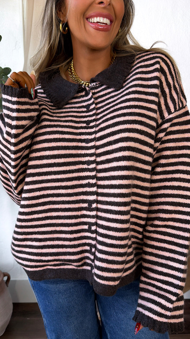Stripe Button Up Cardigan, Chocolate/D.Pink