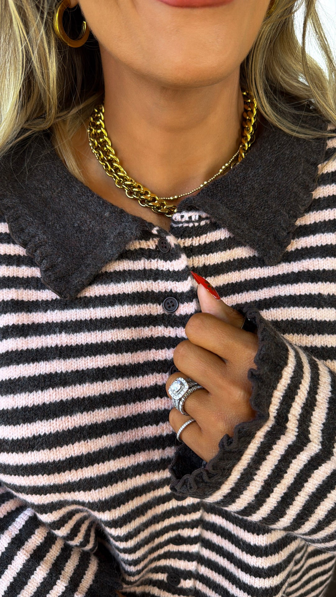 Stripe Button Up Cardigan, Chocolate/D.Pink
