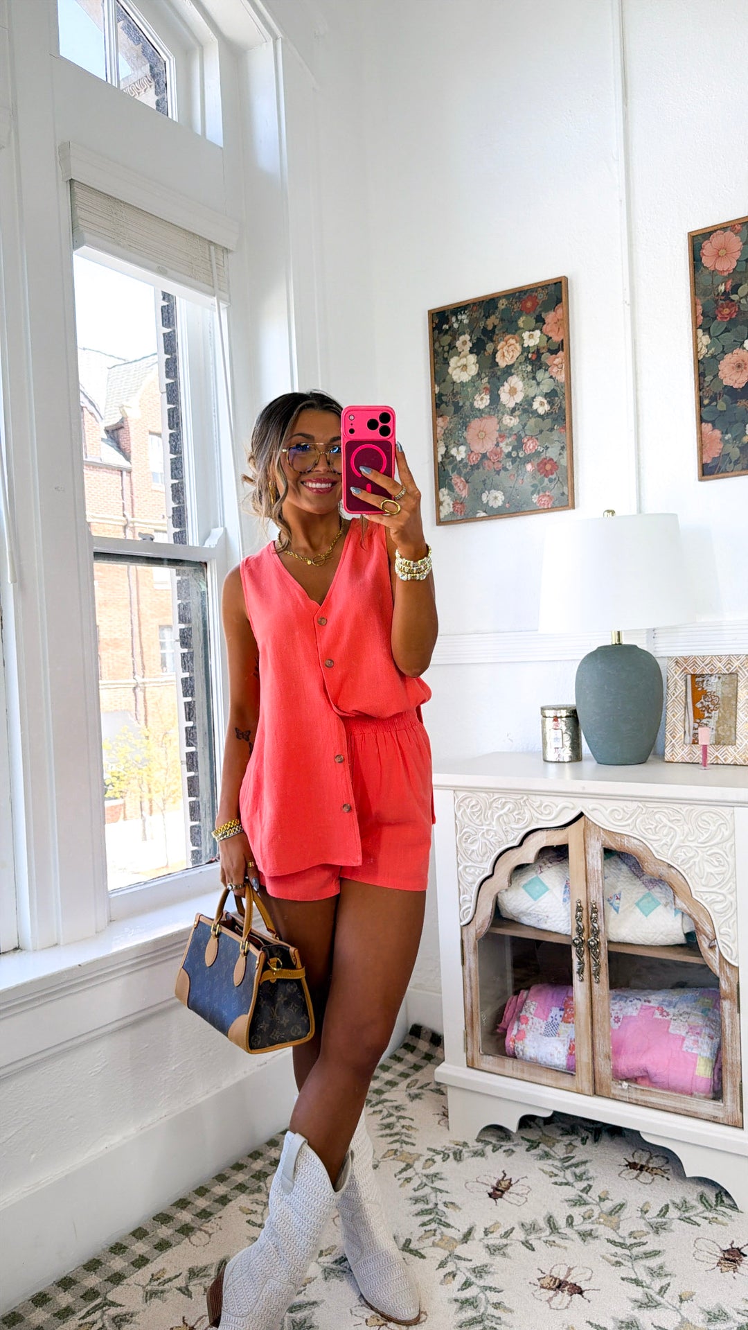 Button Two Piece Set, Papaya