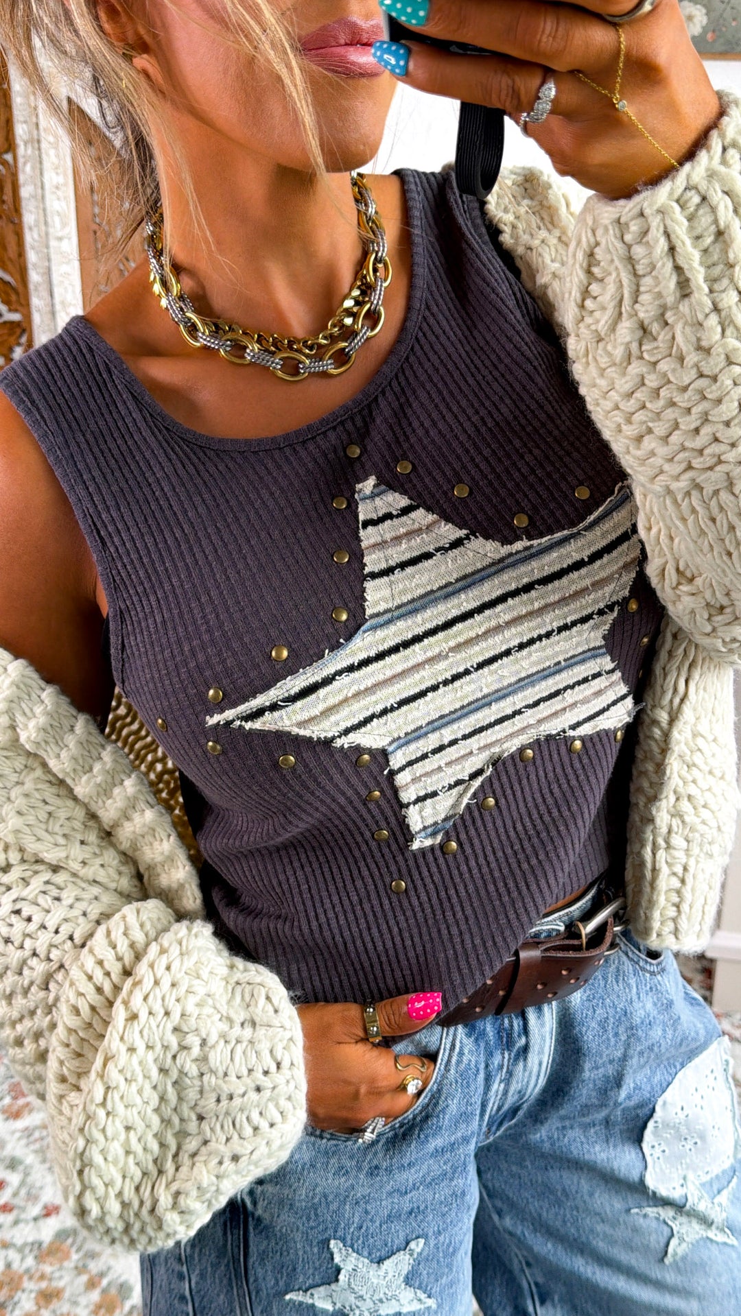 Star Patch Muscle Tee, Charcoal
