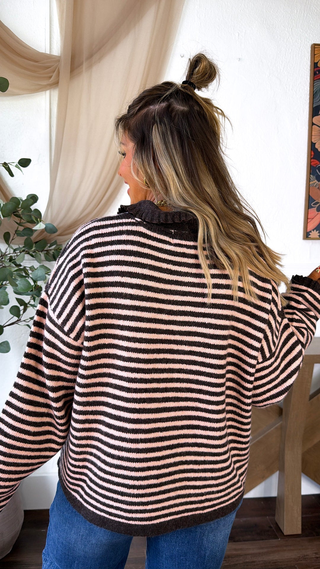 Stripe Button Up Cardigan, Chocolate/D.Pink