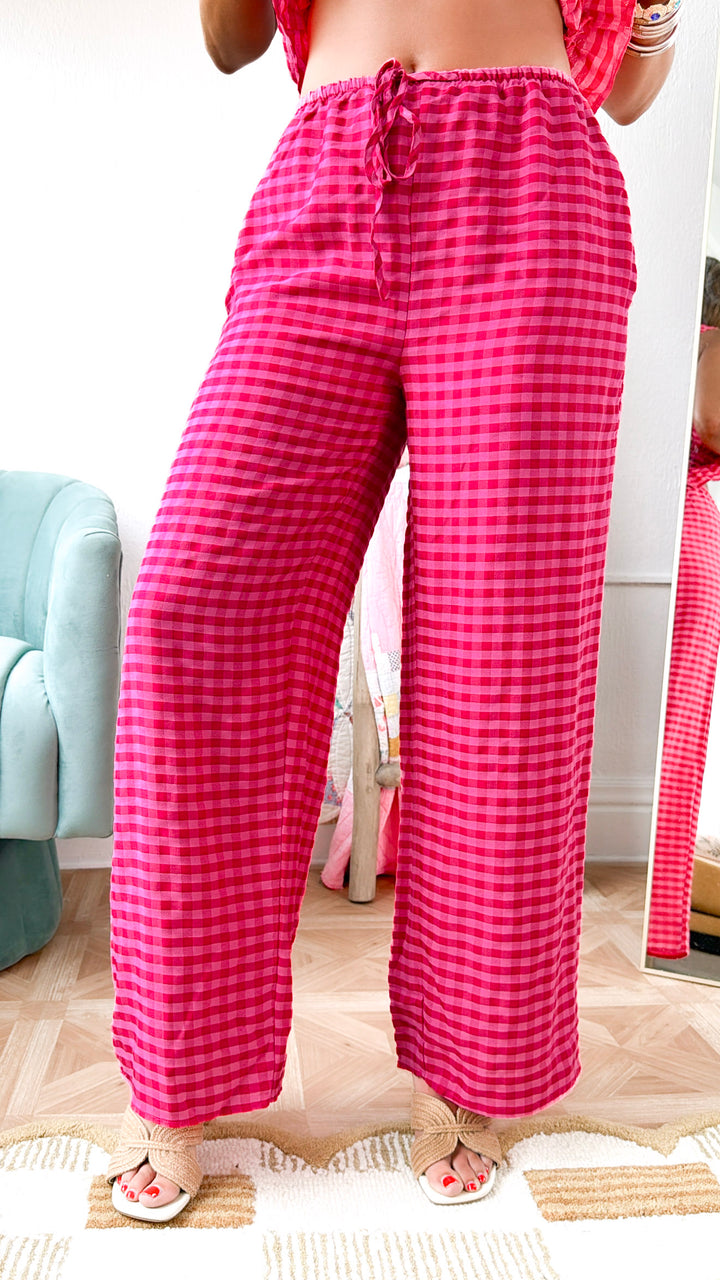 Gingham Print Drawstring Pants, Fuchsia Multi