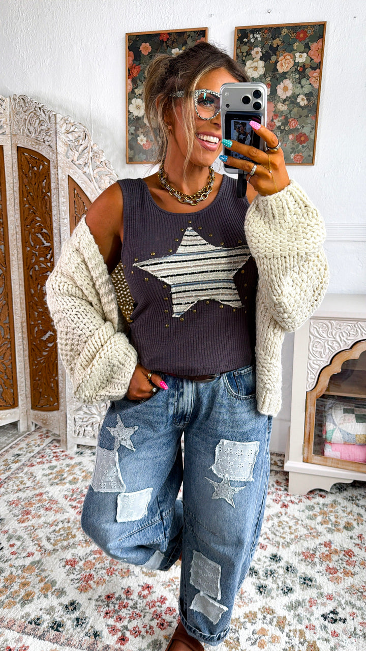 Star Patch Muscle Tee, Charcoal