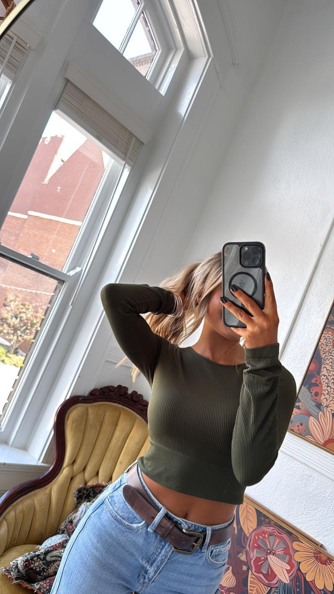 Ribbed Long Sleeve Crew Neck Top, Olive Green