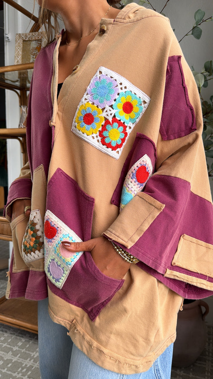 Patchwork Muse Button Up, Wine/Multi