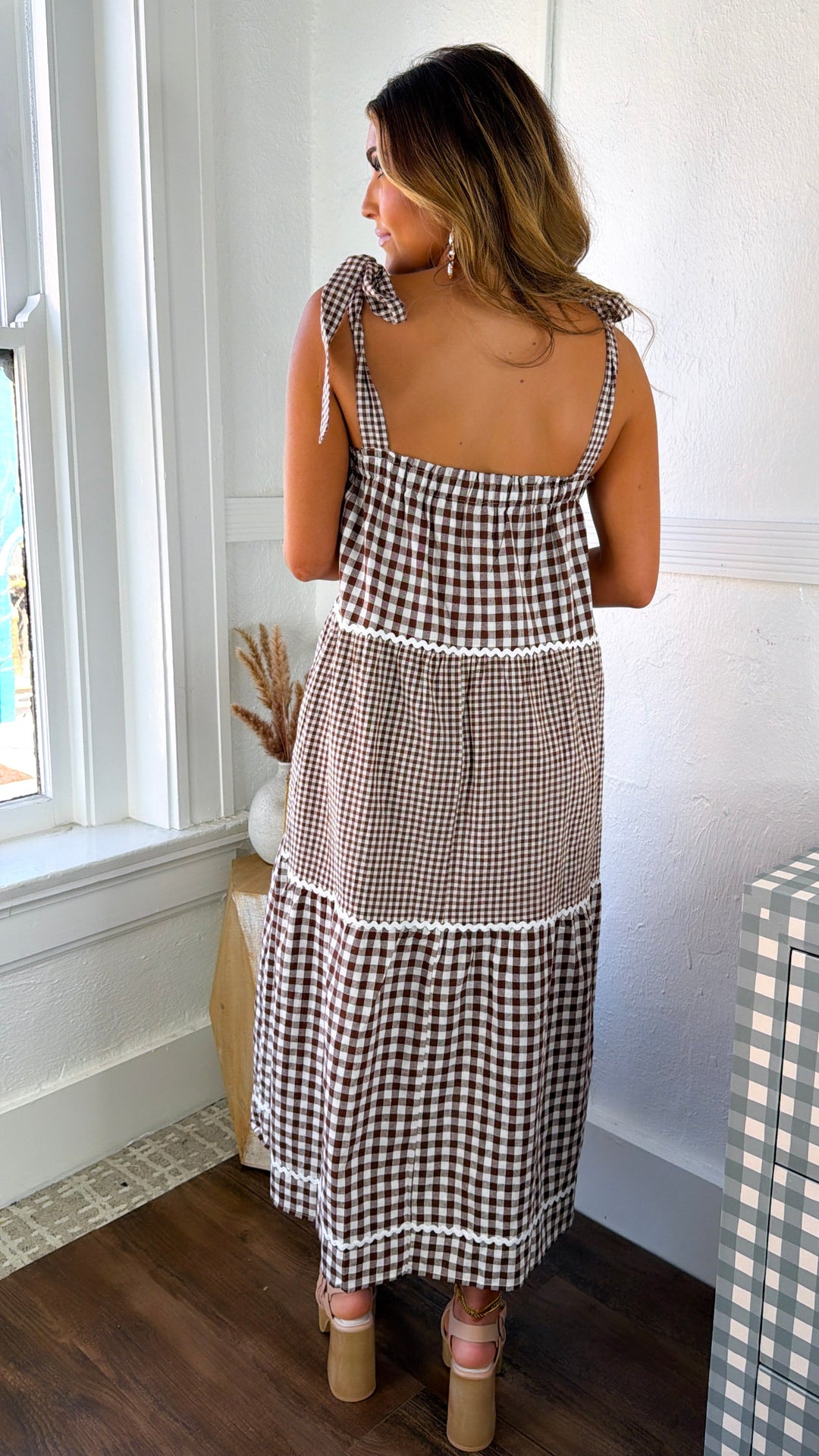 brown and cream gingham dress Brown Gingham A-Line Heidi Midi Dress