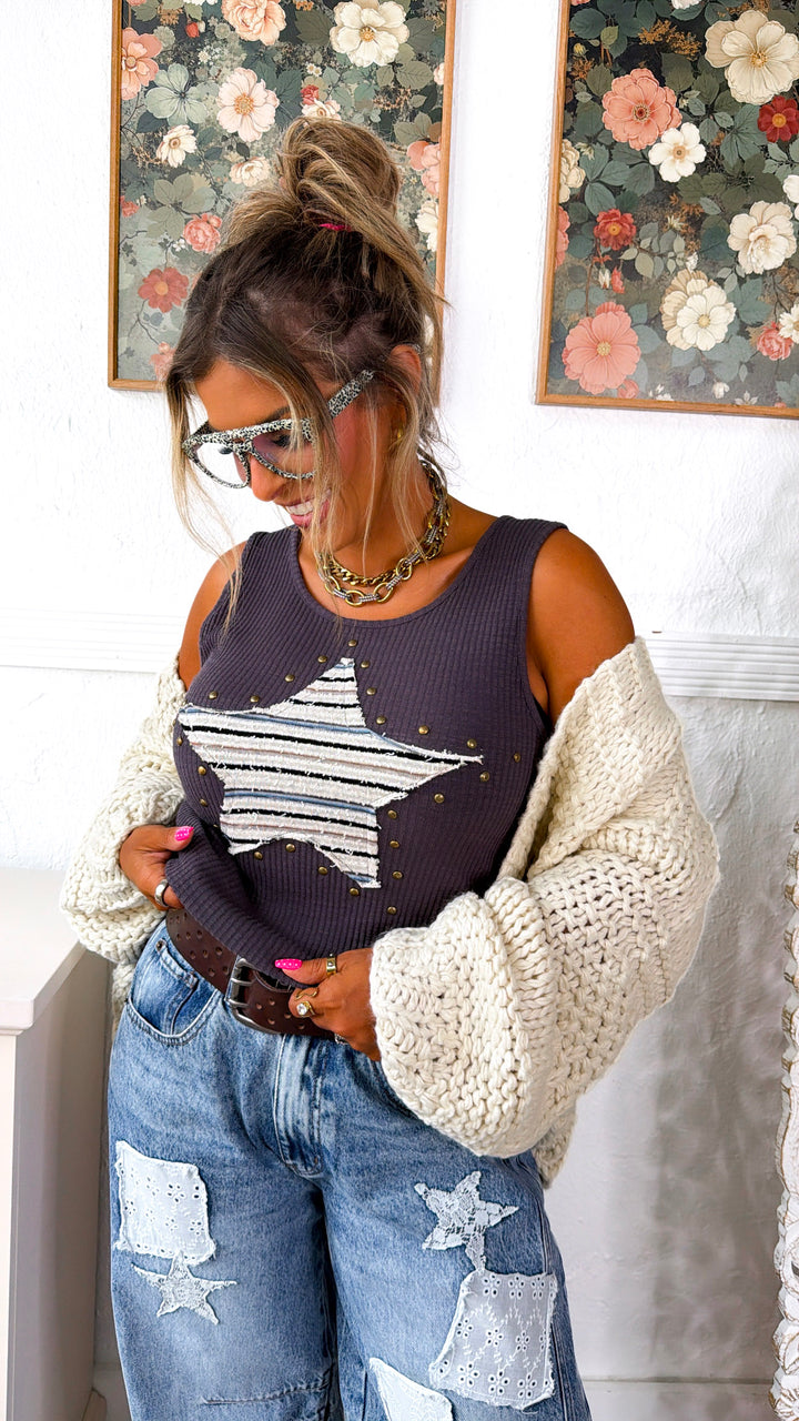 Star Patch Muscle Tee, Charcoal