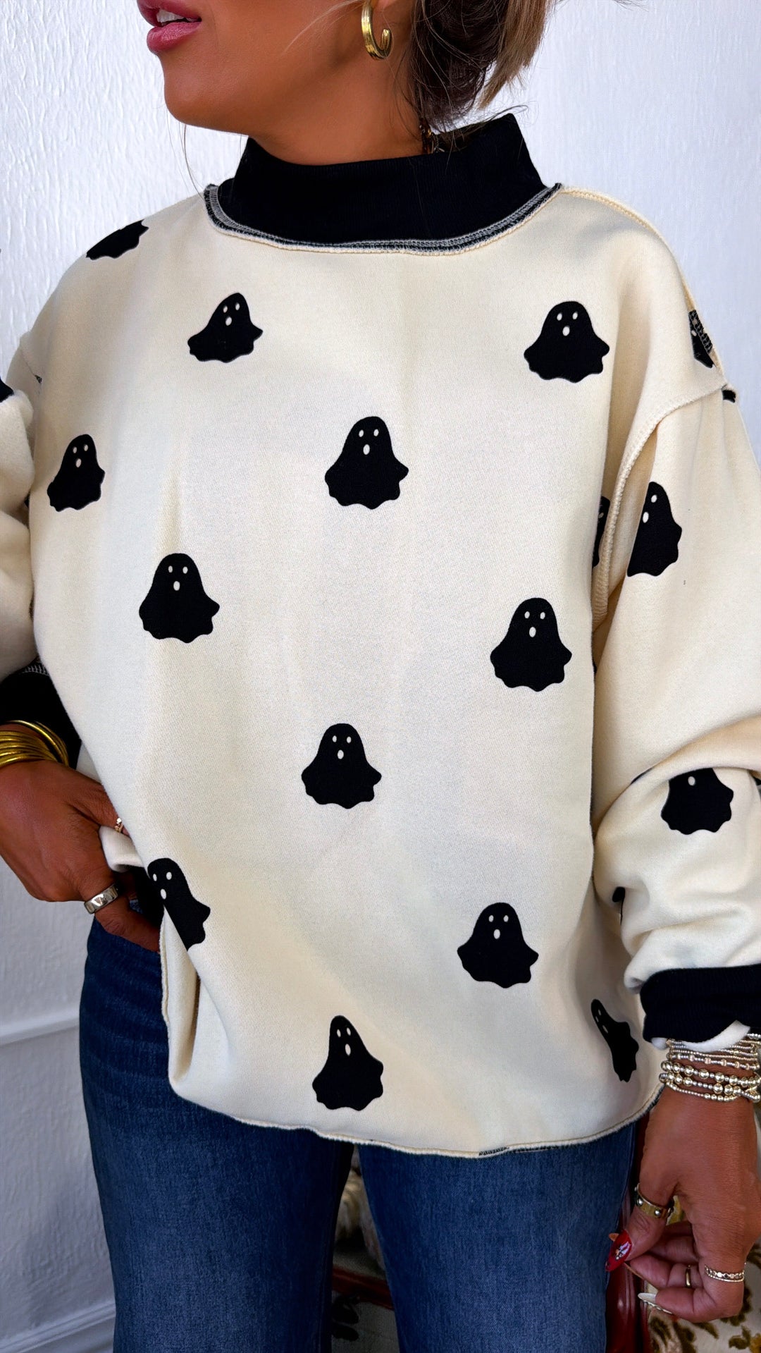Reversible Boo Crewneck, Ivory/ Black