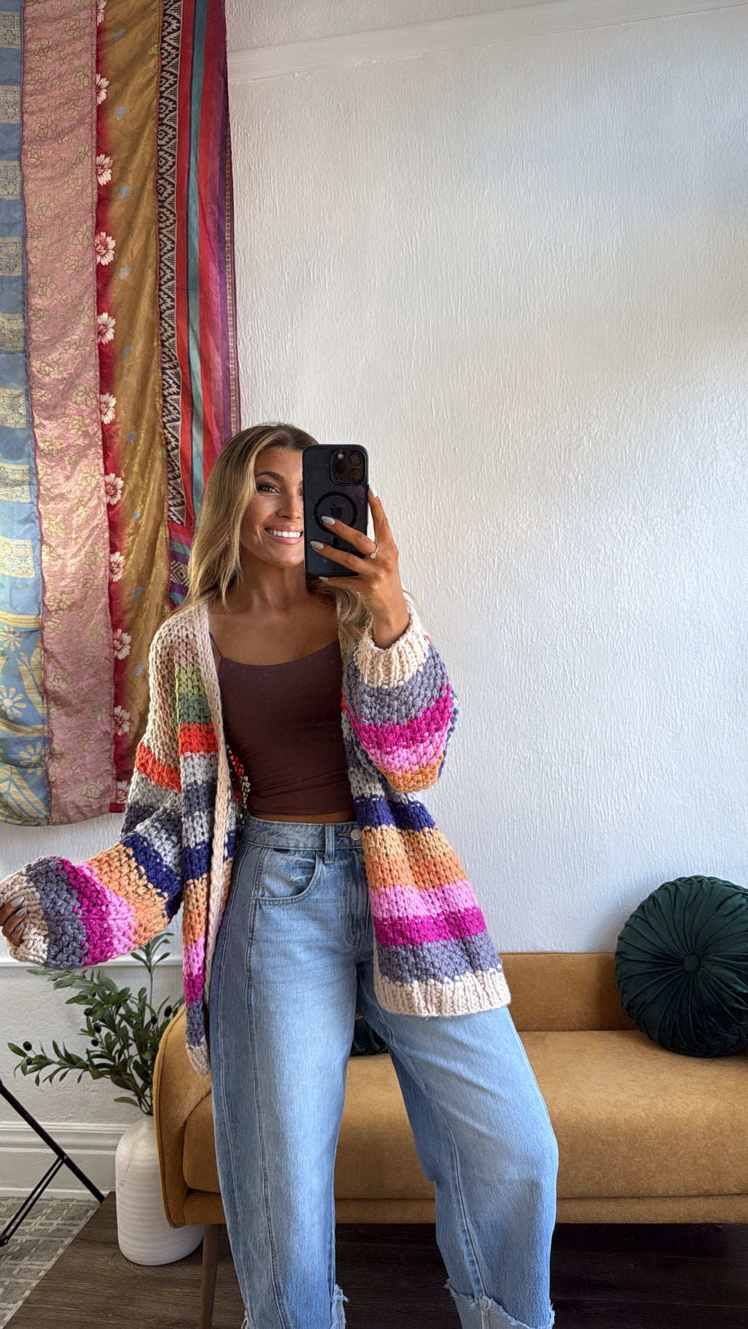 Hand Crochet Oversized Cardigan, Cream Multi