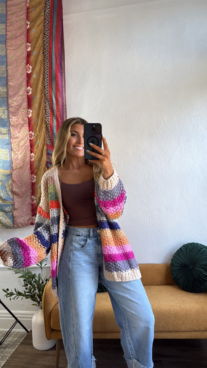 Hand Crochet Oversized Cardigan, Cream Multi