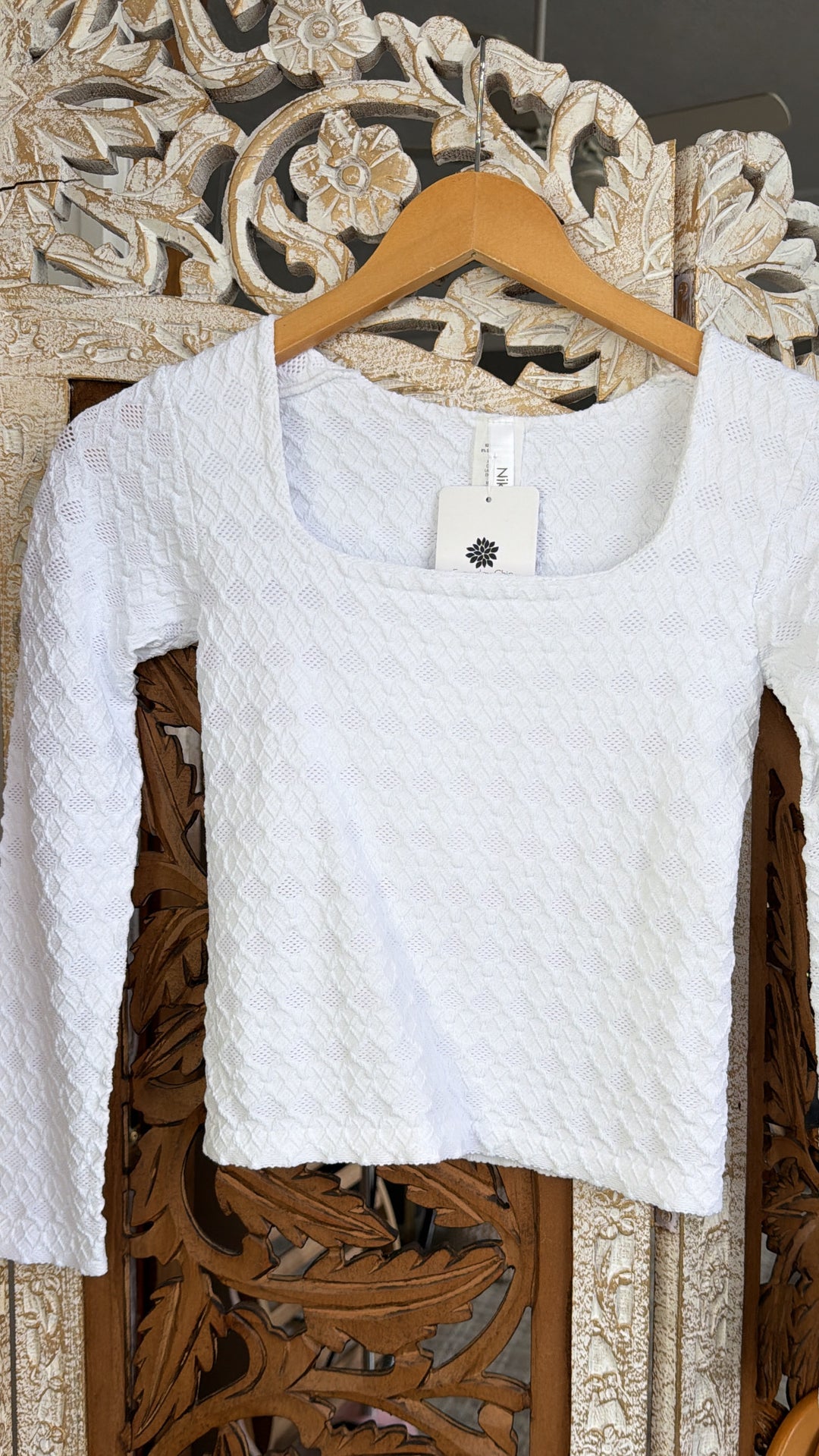 Lace Texture Square Neck Top, White