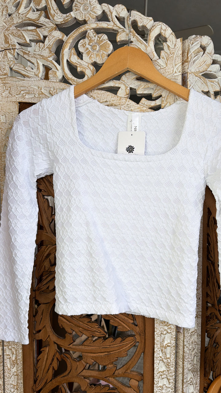 Lace Texture Square Neck Top, White