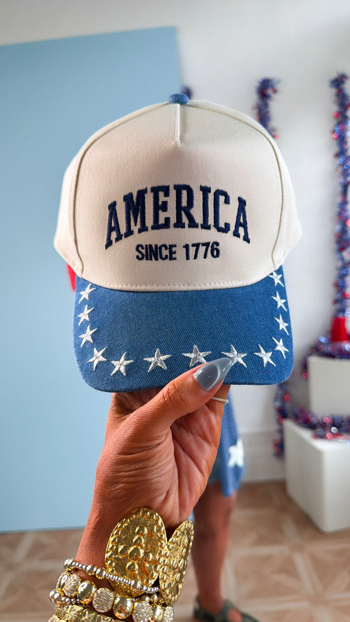 America Embroidered Trucker Hat, Blue/Ivory