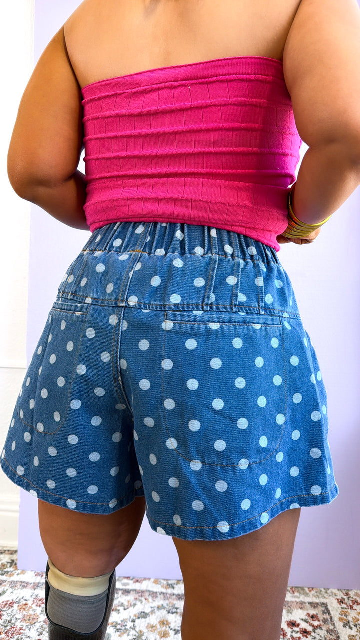 Polka Dot Denim Short, Denim Blue