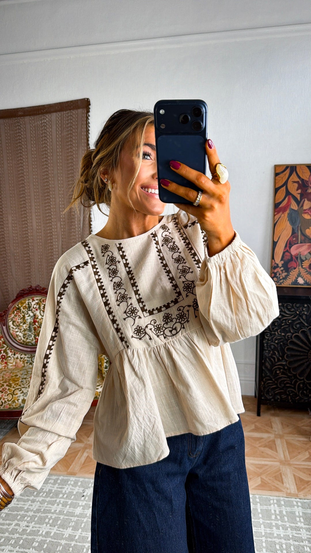 Genevieve Embroidered Blouse, Oatmeal