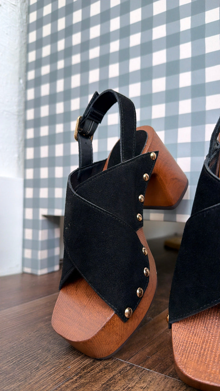 Suede Studded Heel, Black