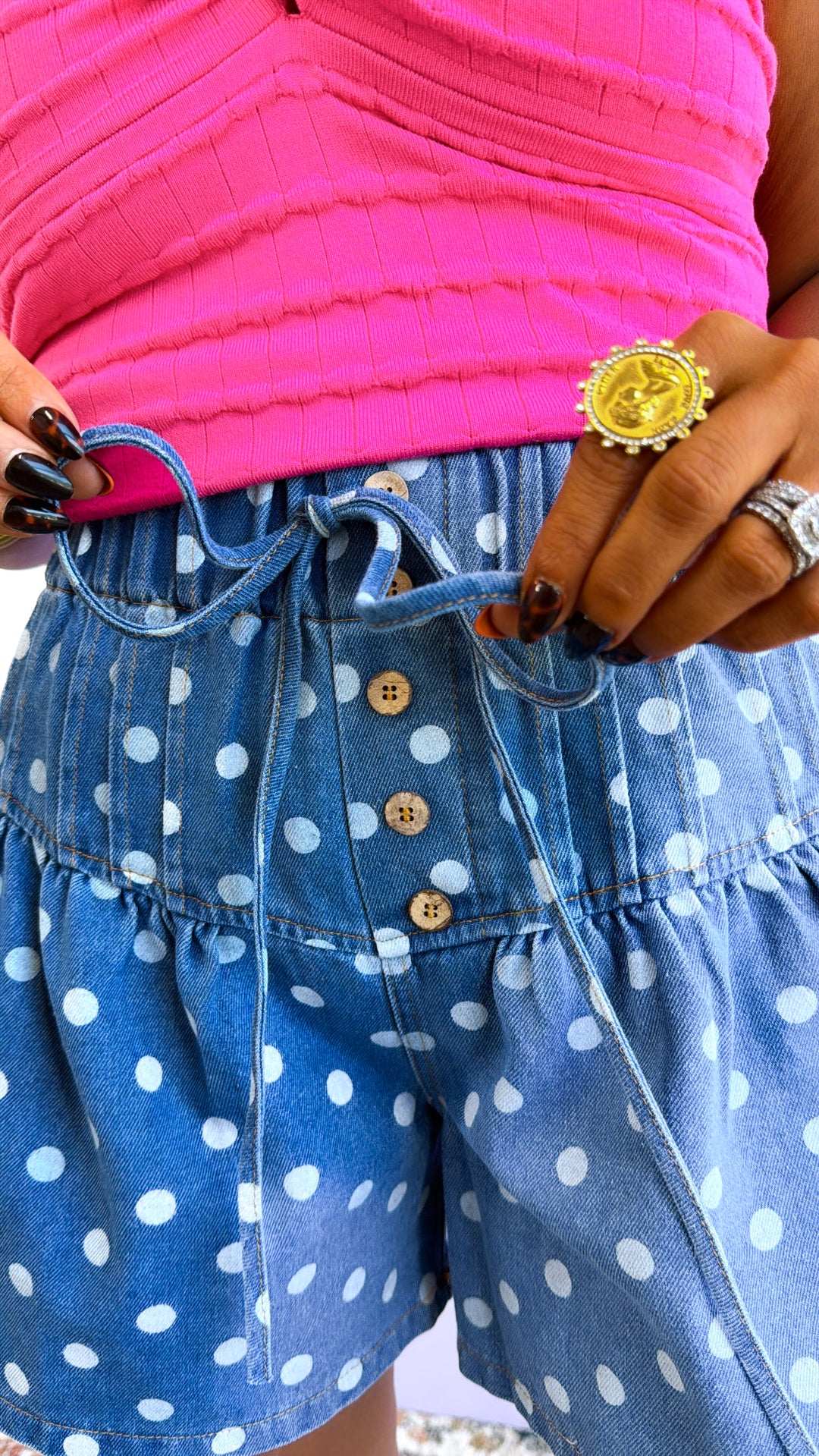 Polka Dot Denim Short, Denim Blue
