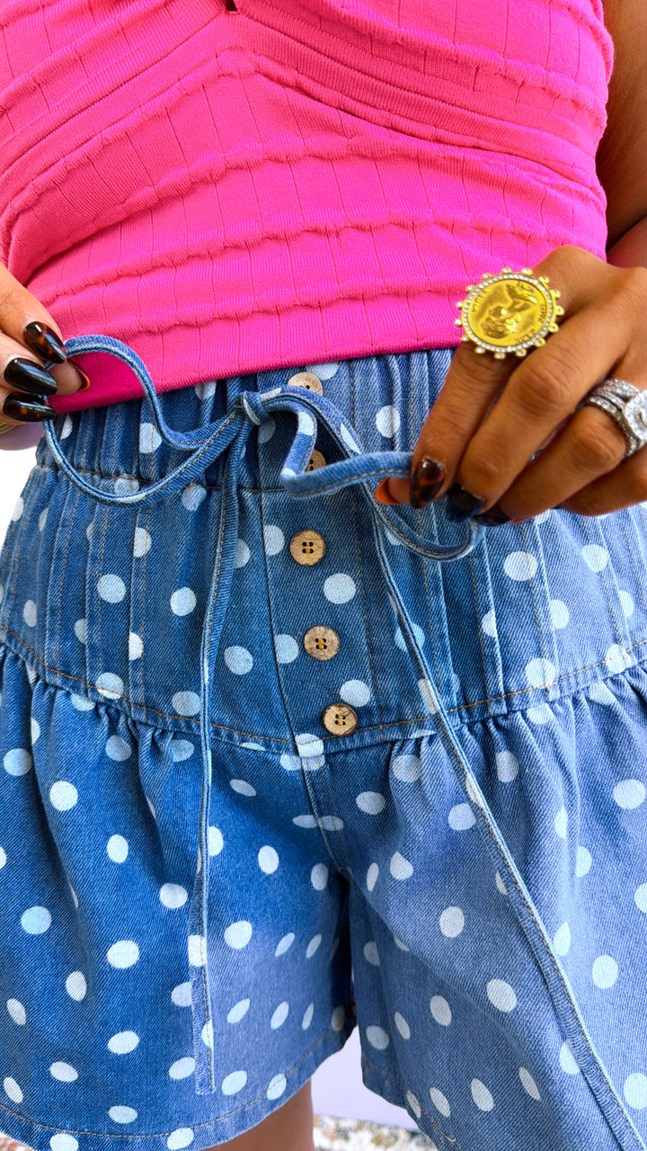 Polka Dot Denim Short, Denim Blue