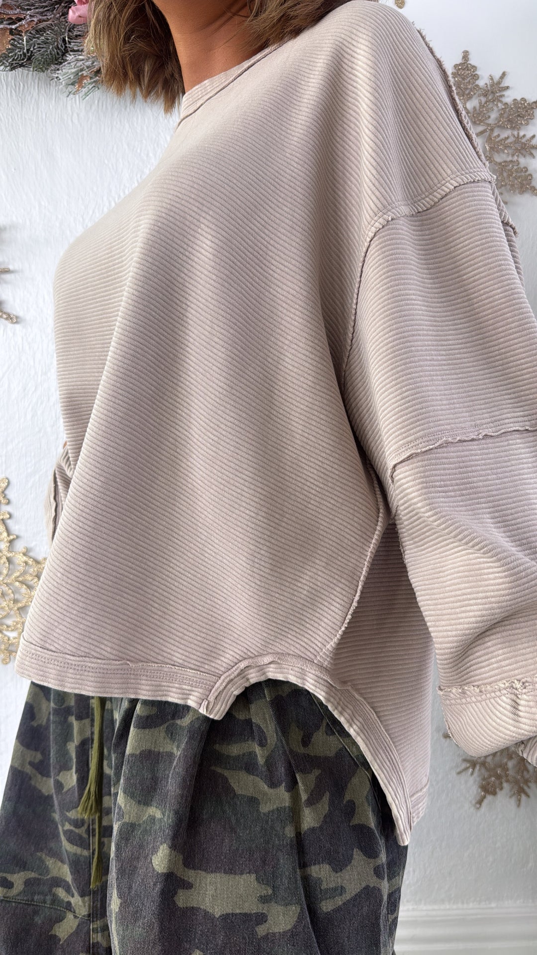 DOORBUSTER: Acid Washed Ribbed Cropped Pullover, Ash Mocha