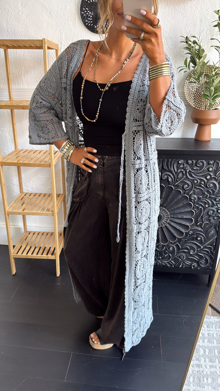 Something Light Crochet Tie Cardigan, Stone Grey