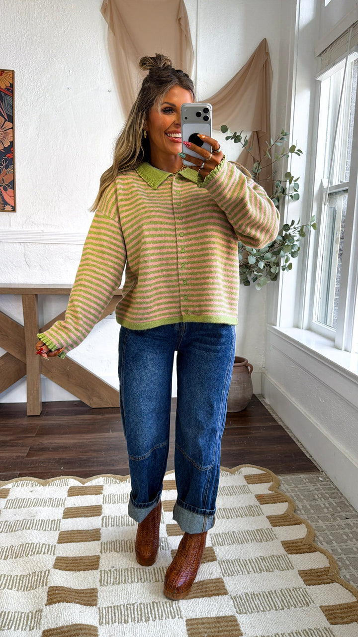Stripe Button Up Cardigan, Olive/Pink