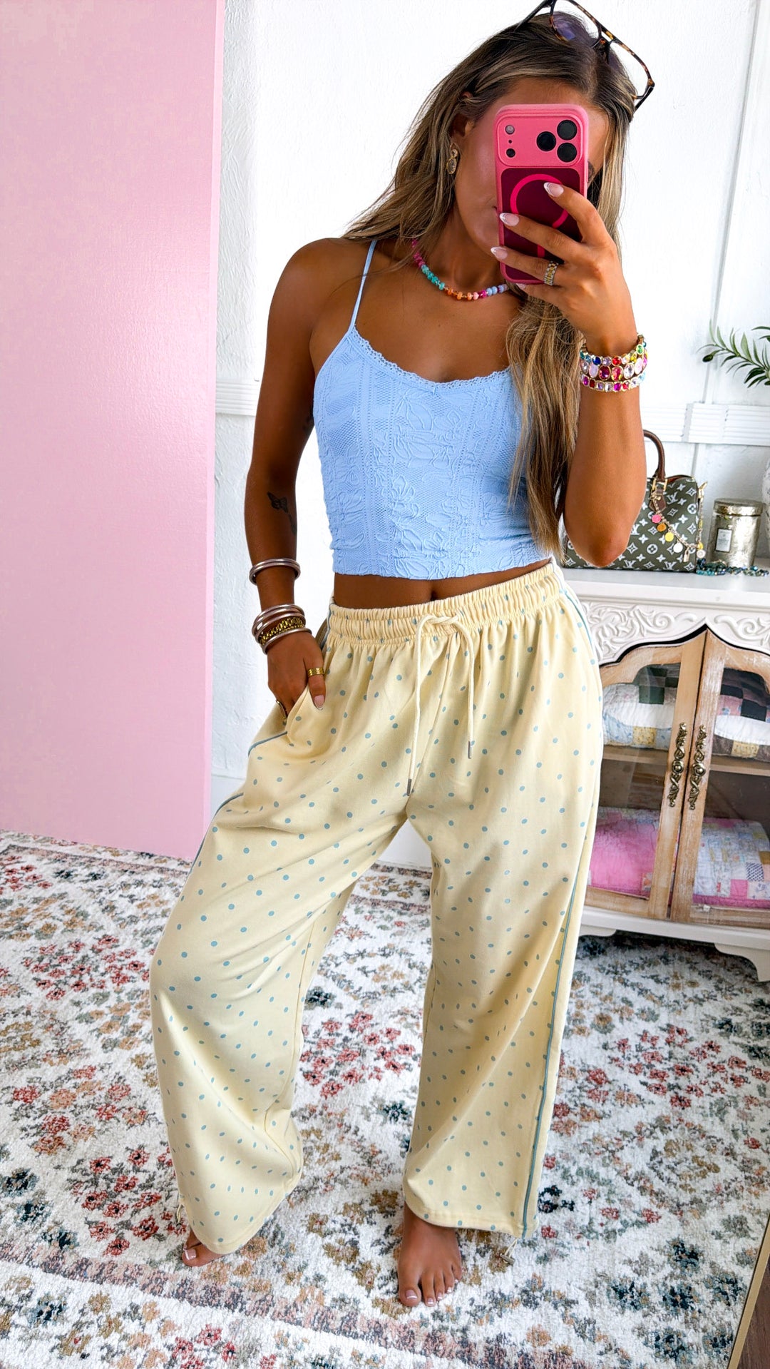 Mini Dot Sweatpants, Butter Yellow/ Lt.Blue