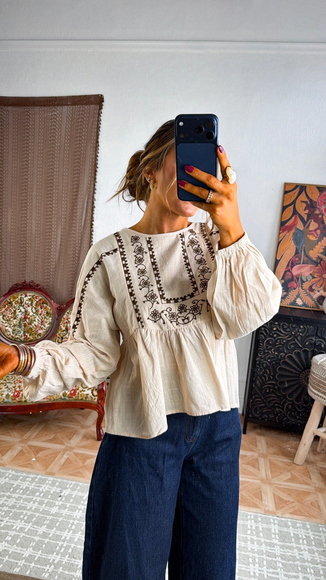 Genevieve Embroidered Blouse, Oatmeal