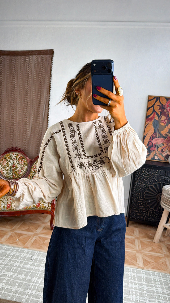 Genevieve Embroidered Blouse, Oatmeal