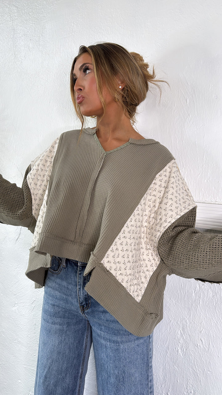 DOORBUSTER: POL Floral Sleeve Sweater, Olive