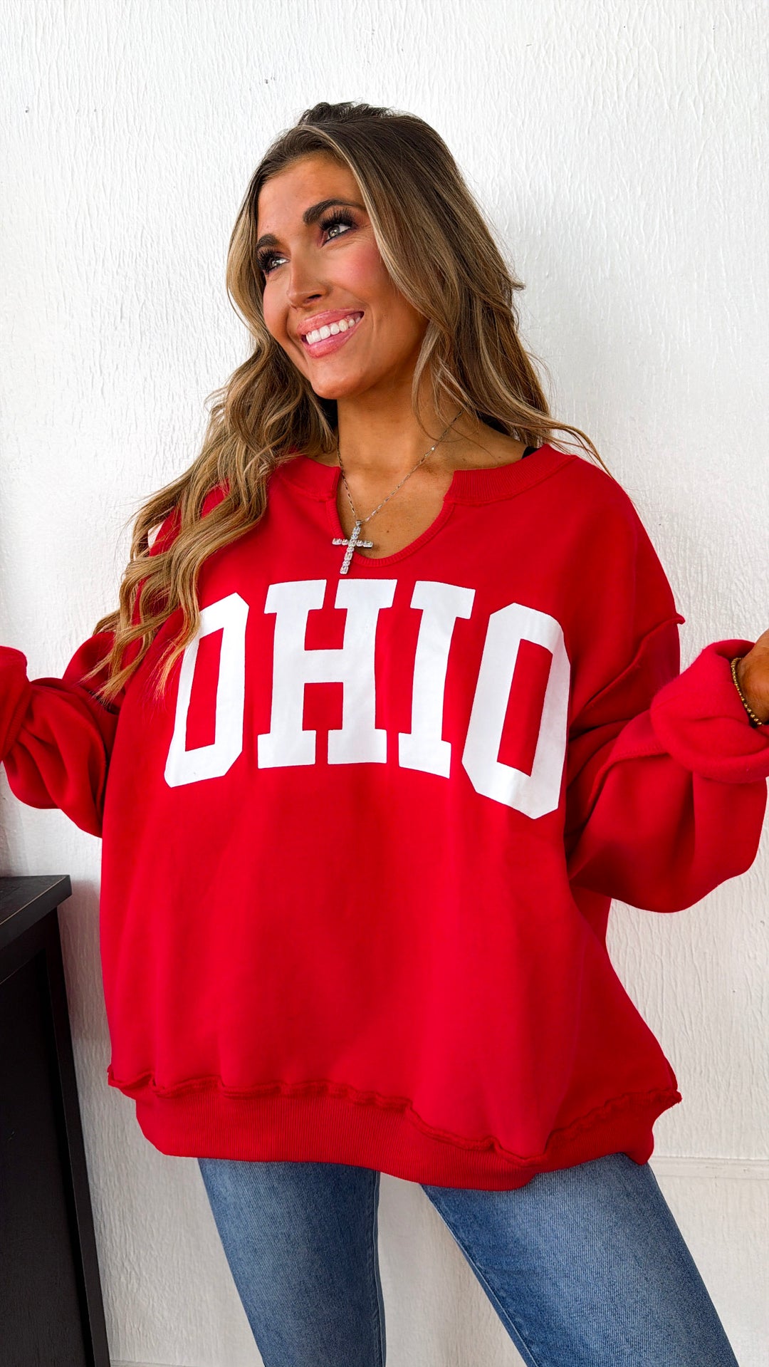 Reversible Split Crewneck, Red/White