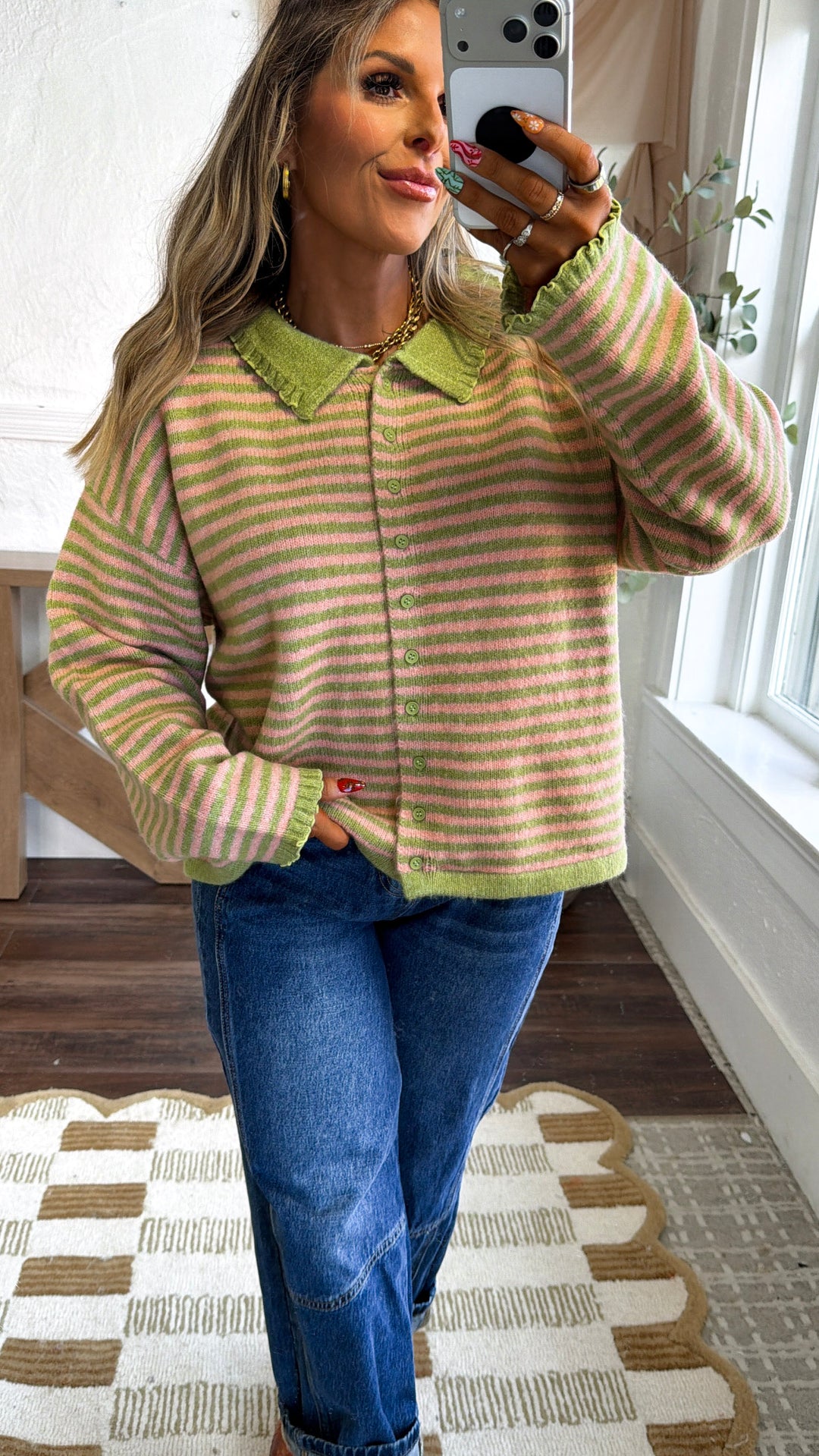 Stripe Button Up Cardigan, Olive/Pink