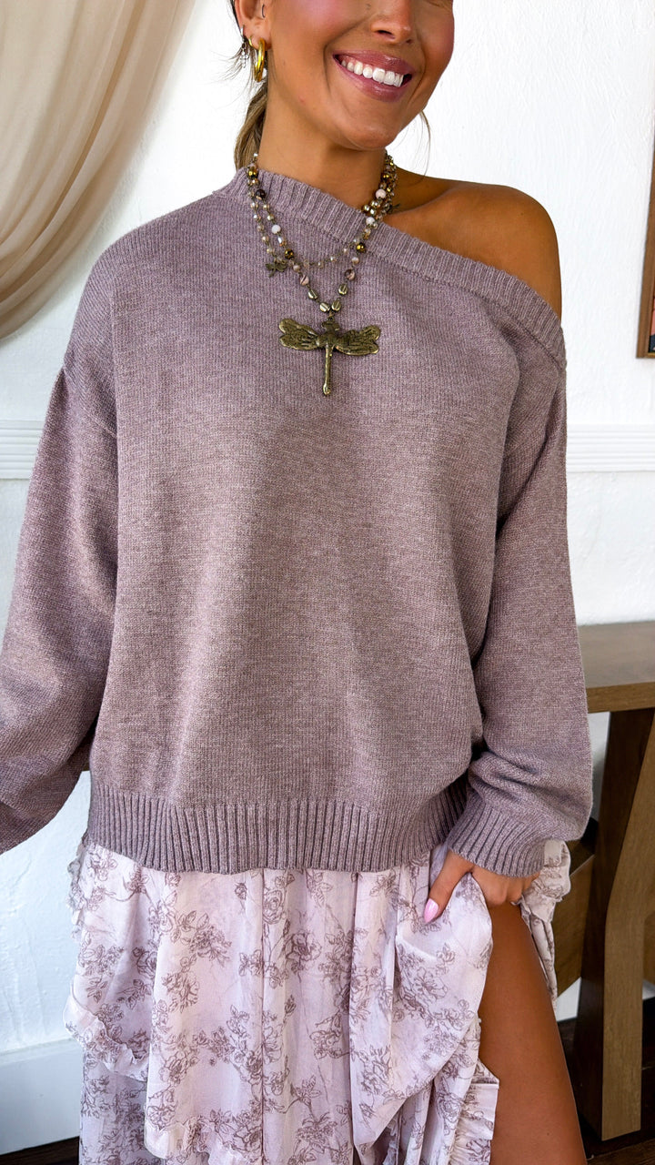 One Shoulder Ribbed Sweater, Mink