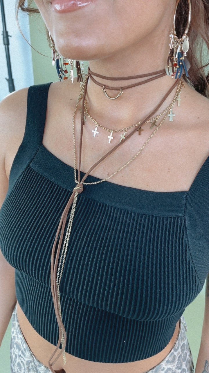 Layer Up Cross Suede Knot Necklace, Camel